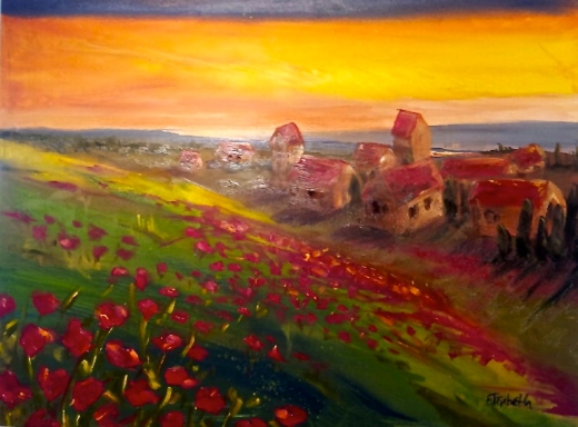 tuscan landscape with poppies